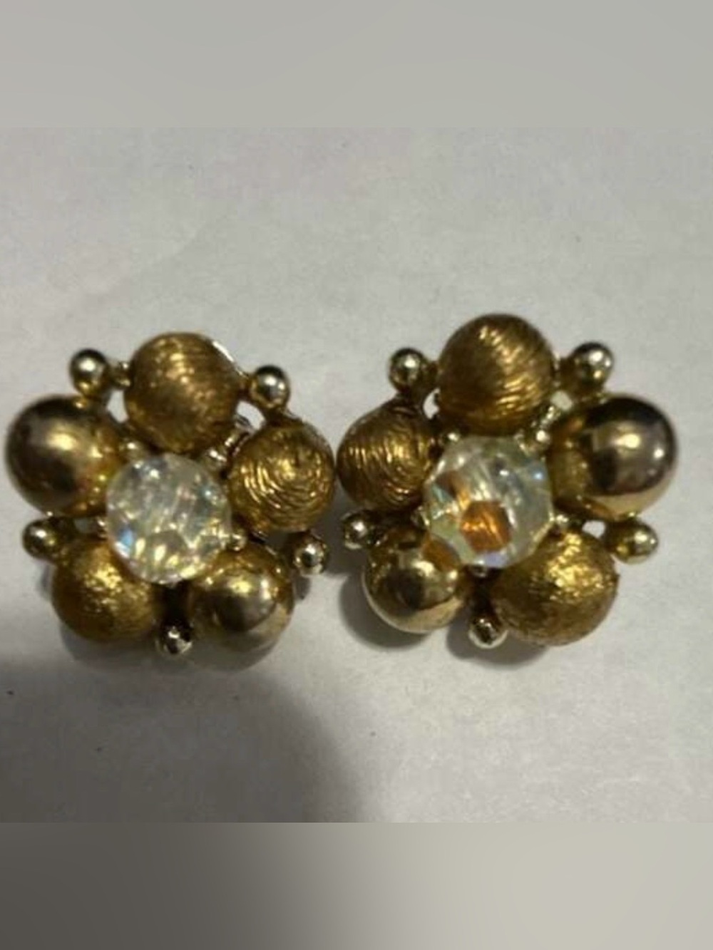 Lisner Vintage Brushed Gold Tone and Crystal Cluster Clip-On Earrings